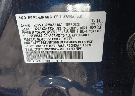2019 Honda Pilot Ex z USA, uszkodzony, nr VIN 5FNYF5H31KB024339